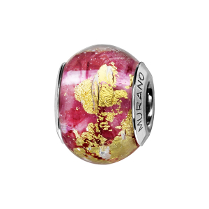 CHARMS COULISSANT ARGENT RHODIÉ MURANO ROUGE FEUILLE DORE
