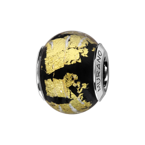 CHARMS COULISSANT ARGENT RHODIÉ MURANO NOIR FEUILLE DORE