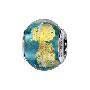 CHARMS COULISSANT ARGENT RHODIÉ MURANO BLEU CLAIR FEUILLE DORÉE