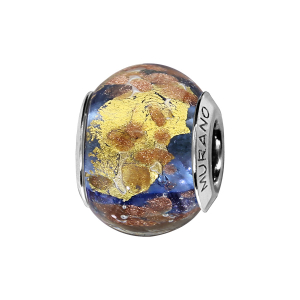 CHARMS COULISSANT ARGENT RHODIÉ MURANO BLEU PAILLETE DORE
