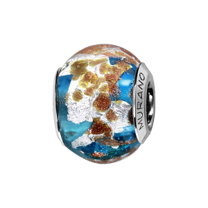 CHARMS COULISSANT ARGENT RHODIÉ MURANO BLEU CLAIR PAILLETE ET FEUILLE ARGENTE