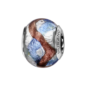 CHARMS COULISSANT ARGENT RHODIÉ MURANO BLANC RAINURE BLEU CIEL ET BRUN