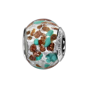 CHARMS COULISSANT ARGENT RHODIÉ MURANO BLANC ECLAT BLEU CIEL ET BRUN