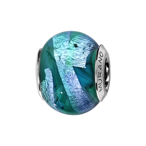 CHARMS COULISSANT ARGENT RHODIÉ MURANO VERT RAINURE BLEU
