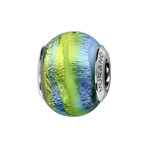 CHARMS COULISSANT ARGENT RHODIÉ MURANO BLEU RAINURE JAUNE