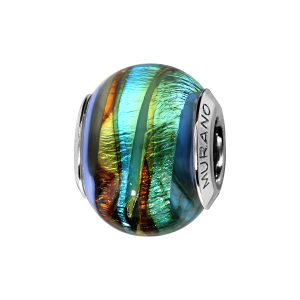 CHARMS COULISSANT ARGENT RHODIÉ MURANO BLEU RAINURE VERT ET MARRON