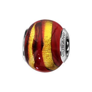 CHARMS COULISSANT ARGENT RHODIÉ MURANO ROUGE RAINURE DORE