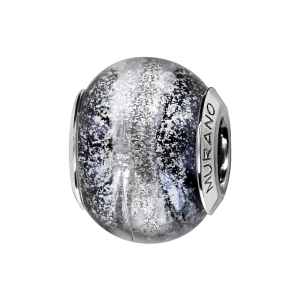 CHARMS COULISSANT ARGENT RHODIÉ MURANO GRIS PAILLETE REFLET BLEU