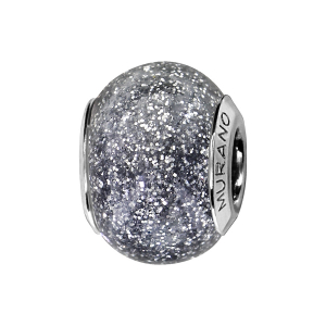 CHARMS COULISSANT ARGENT RHODIÉ MURANO GRIS PAILLETE