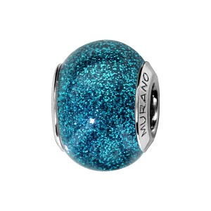 CHARMS COULISSANT ARGENT RHODIÉ MURANO BLEU TURQUOISE PAILLETE