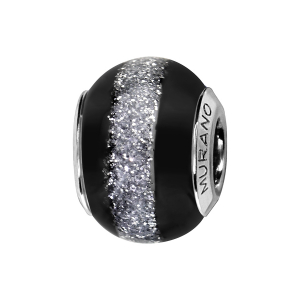 CHARMS COULISSANT ARGENT RHODIÉ MURANO NOIRE BANDE PAILLETE GRISE