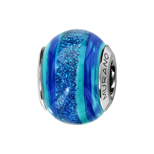 CHARMS COULISSANT ARGENT RHODIÉ MURANO BLEU TURQUOISE BANDE PAILLETE BLEU