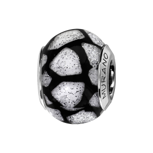 CHARMS COULISSANT ARGENT RHODIÉ MURANO FOND BLANC PAILLETE MOTIF NOIR