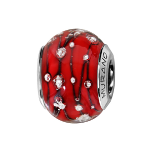 CHARMS COULISSANT ARGENT RHODIÉ MURANO ROUGE BULLES ARGENT ET FILET