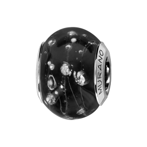 CHARMS COULISSANT ARGENT RHODIÉ MURANO NOIR AVEC BULLES