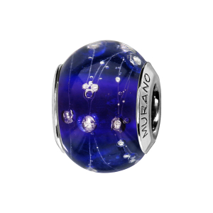 CHARMS COULISSANT ARGENT RHODIÉ MURANO BLEU FONCE AVEC BULLES