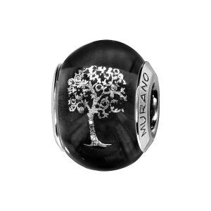 CHARMS COULISSANT ARGENT RHODIÉ MURANO NOIR SYMBOLE ARBRE DE VIE