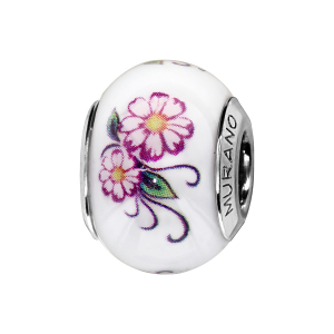 CHARMS COULISSANT ARGENT RHODIÉ MURANO BLANC FLEURS