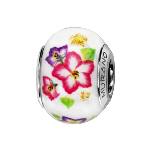 CHARMS COULISSANT ARGENT RHODIE MURANO BLANC FLEURS