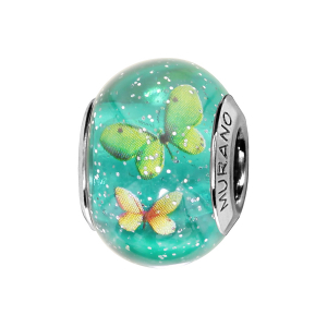 CHARMS COULISSANT ARGENT RHODIÉ MURANO VERT PAILLETE AVEC PAPILLONS