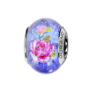 CHARMS COULISSANT ARGENT RHODIÉ MURANO BLEU PAILLETE FLEURS