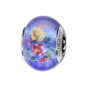 CHARMS COULISSANT ARGENT RHODIÉ MURANO BLEU FLEUR