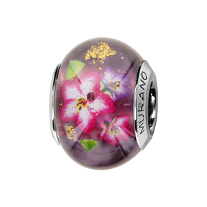 CHARMS COULISSANT ARGENT RHODIE MURANO VIOLET FLEURS