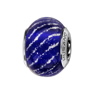 CHARMS COULISSANT ARGENT RHODIE MURANO BLEU ROYAL STRIE