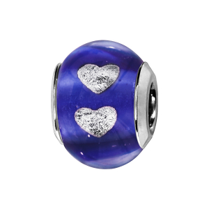 CHARMS COULISSANT ARGENT RHODIÉ MURANO BLEU FONCE AVEC COEUR