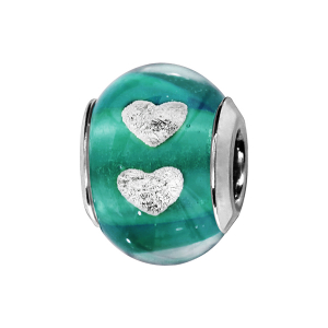CHARMS COULISSANT ARGENT RHODIÉ MURANO VERT TRANSPARENT AVEC COEUR