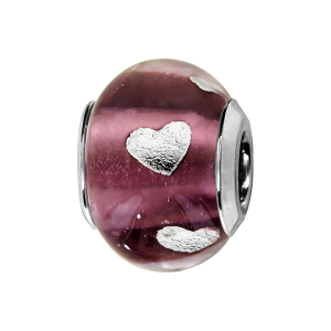 CHARMS COULISSANT ARGENT RHODIÉ MURANO VIOLET TRANSPARENT AVEC COEUR