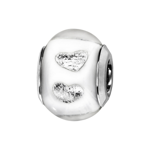 CHARMS COULISSANT ARGENT RHODIÉ MURANO BLANC MAT AVEC COEUR