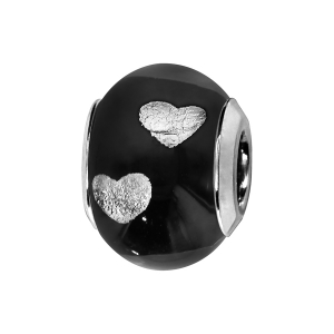 CHARMS COULISSANT ARGENT RHODIÉ MURANO NOIR AVEC COEUR