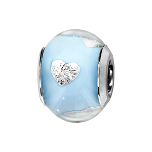 CHARMS COULISSANT ARGENT RHODIÉ MURANO BLEU CLAIR AVEC COEUR