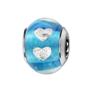 CHARMS COULISSANT ARGENT RHODIÉ MURANO BLEU CLAIR TRANSPARENT AVEC COEUR