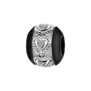 CHARMS BOULE CERAMIQUE NOIRE BANDE COEURS ARGENT RHODIÉ