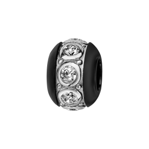 CHARMS BOULE CERAMIQUE NOIRE BANDE ARGENT RHODIÉ ET OXYDES BLANCS SERTIS CLOS