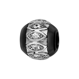 CHARMS BOULE CERAMIQUE NOIRE MOTIF OVALES ARGENT RHODIÉ ET OXYDES BLANCS