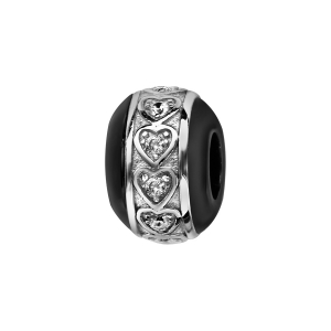 CHARMS BOULE CERAMIQUE NOIRE COEURS ARGENT RHODIÉ ET OXYDES BLANCS SERTIS CLOS