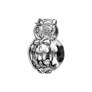 CHARMS COULISSANT ARGENT RHODIÉ HIBOU - CHOUETTE AVEC PIERRES SYNTHETIQUE BLANCHES