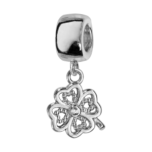 CHARMS COULISSANT ARGENT RHODIÉ SUSPENDU TREFLE A 4 FEUILLES AVEC PIERRES SYNTHETIQUE BLANCHES