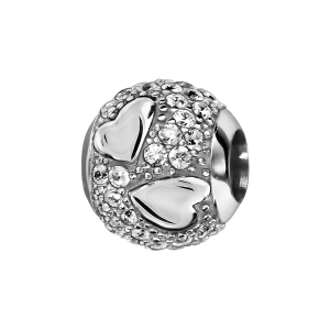CHARMS COULISSANT ARGENT RHODIÉ BOULE OXYDES BLANCS ET COEURS LISSES