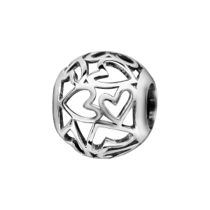 CHARMS COULISSANT ARGENT RHODIÉ BOULE COEURS AJOURES