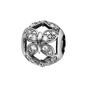 CHARMS COULISSANT ARGENT RHODIÉ BOULE PAPILLONS AJOURES OXYDES BLANCS