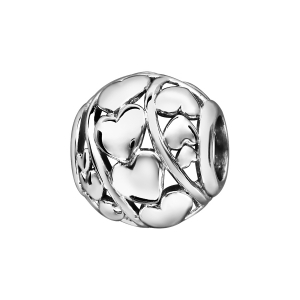 CHARMS COULISSANT ARGENT RHODIÉ BOULE MULTI COEURS AJOURES