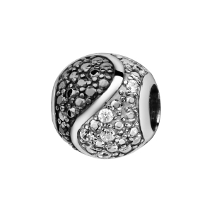 CHARMS COULISSANT ARGENT RHODIÉ BOULE YIN YANG PIERRES NOIRES ET BLANCHES SYNTHETIQUE