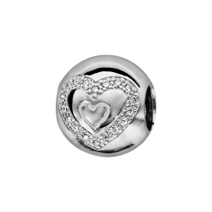 CHARMS COULISSANT ARGENT RHODIÉ BOULE COEURS OXYDES BLANCS SERTIS