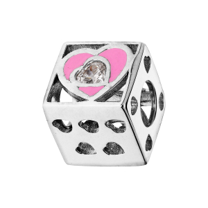 CHARMS COULISSANT ARGENT RHODIÉ CUBE AVEC COEURS RÉSINE ROSE ET OXYDE BLANC