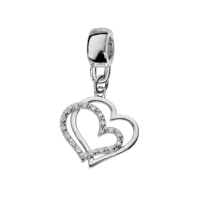 CHARMS COULISSANT ARGENT PLATINÉ SUSPENDU DOUBLE COEURS OXYDES BLANCS SERTIS