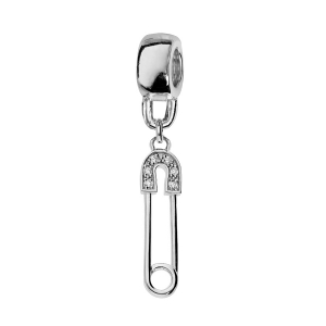 CHARMS COULISSANT ARGENT PLATINÉ SUSPENDU ÉPINGLE A NOURRICE OXYDES BLANCS SERTIS